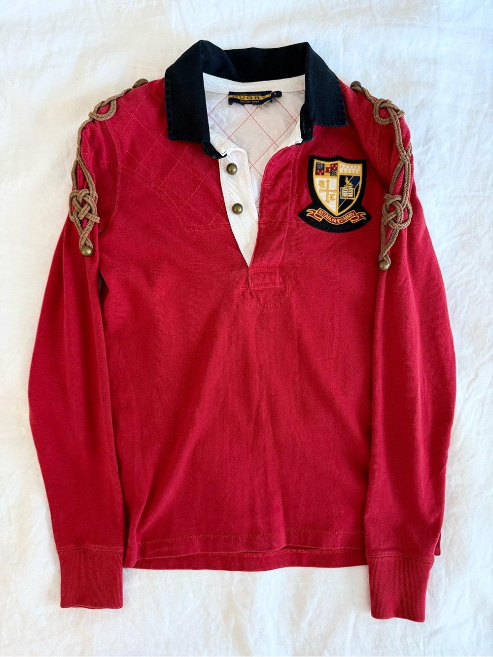 Rugby Ralph Lauren Red Crest Rugby Shirt w/ Rope Shoulder Detail Size S